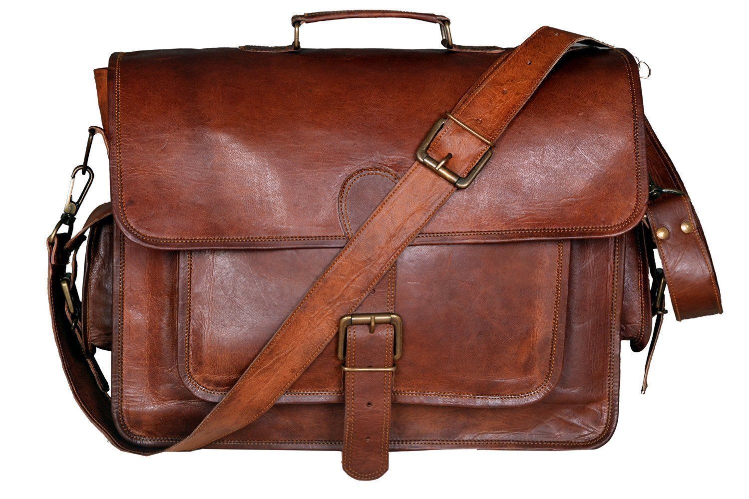 Vintage Large Brown leather messenger men briefcase laptop shoulder bag Satchel