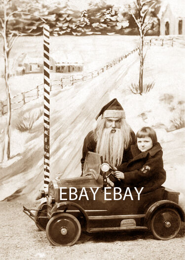 VINTAGE 1900\'S CHRISTMAS PHOTO OF THE OLD SANTA CLAUS AND A GIRL AND PEDAL CAR