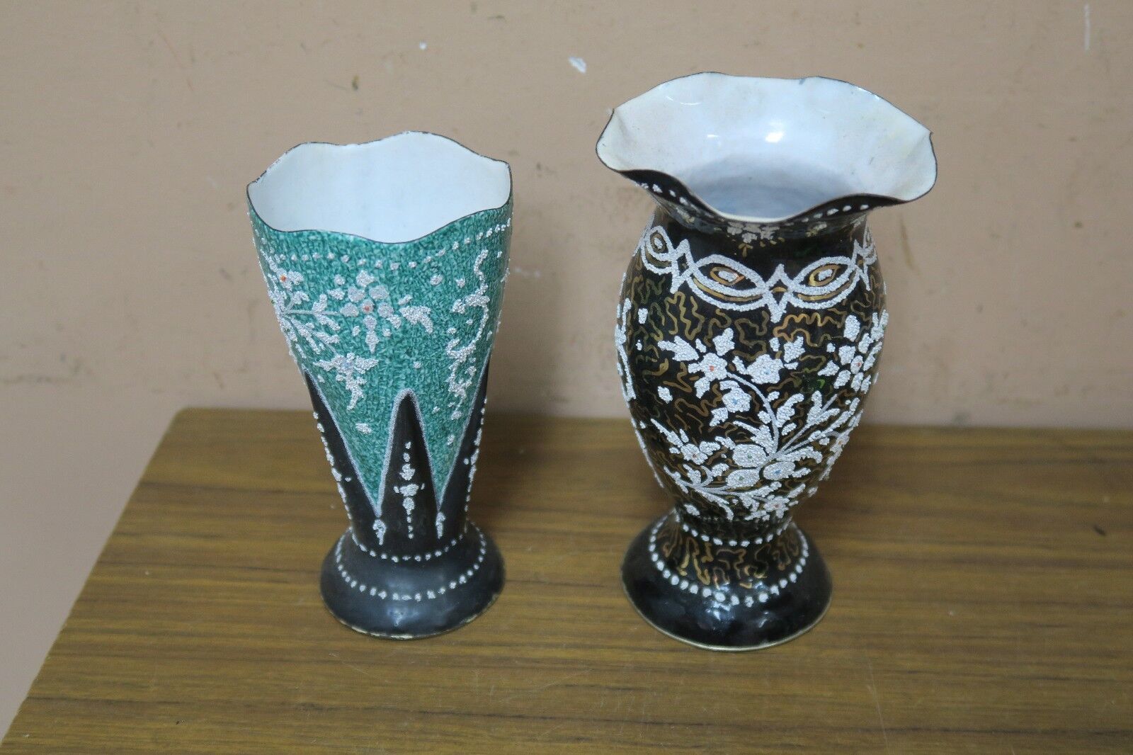 Set of 2 Islamic Themed Poly-chrome Enamel on Copper Vase Floral Design Marked