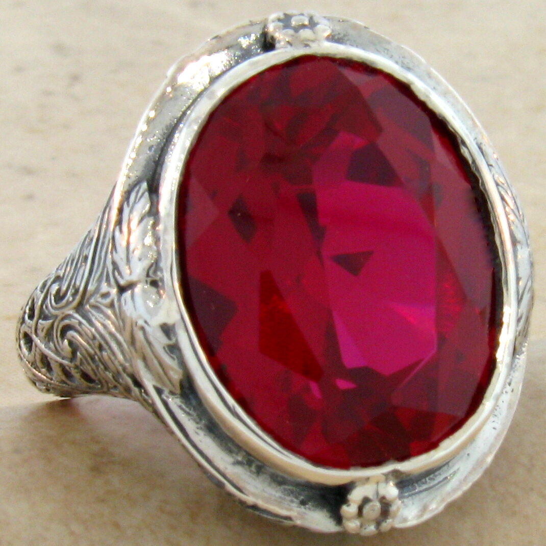 HUGE 19 CT LAB RUBY HEAVY VICTORIAN DESIGN 925 STERLING SILVER RING SIZE 10,#582