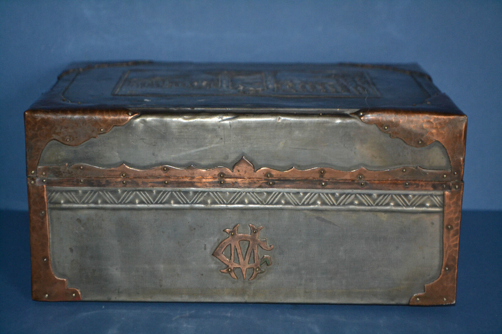19 th Century Pewter/Copper Colonial Box Oriental Decoration Initials CM,c 1880