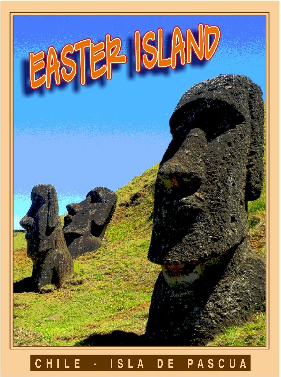 Easter Island Heads Chile Isla de Pascua Island Travel Art Poster Advertisement