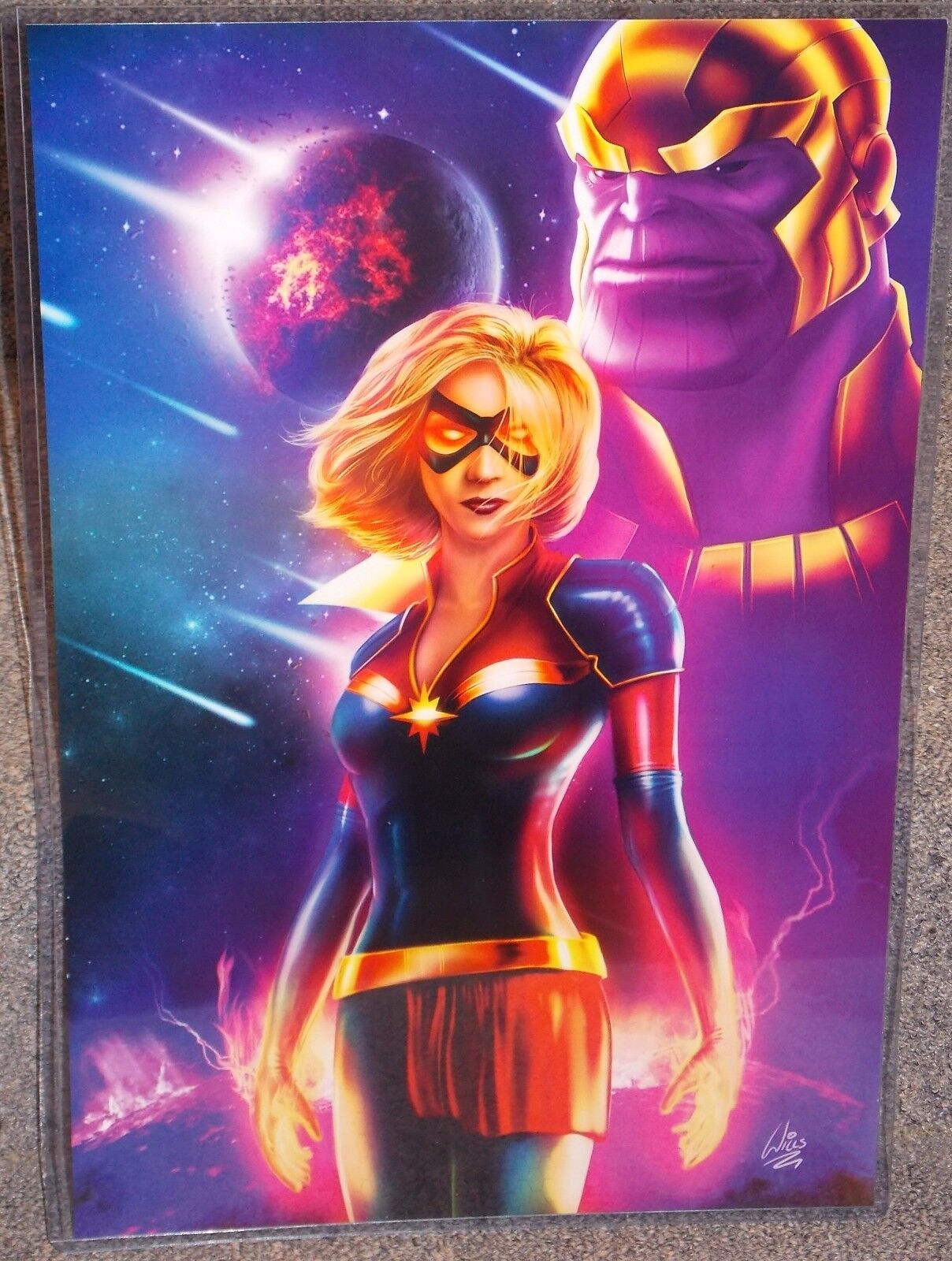 Captain Marvel vs Thanos Glossy Art Print 11 x 17 In Hard Plastic Sleeve