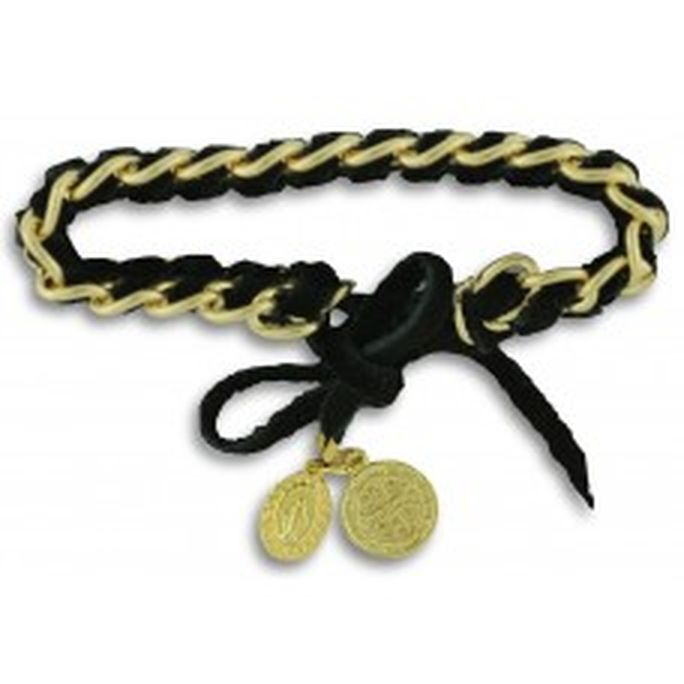 Black Suede Cord Gold Plated Chain St. Benedict Miraculous Medal Bracelet ITALY