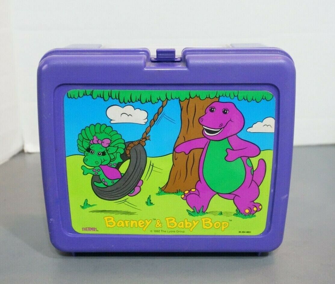 Barney & Baby Bop 1992 Vintage Purple Lunch Box Thermos Food Storage 