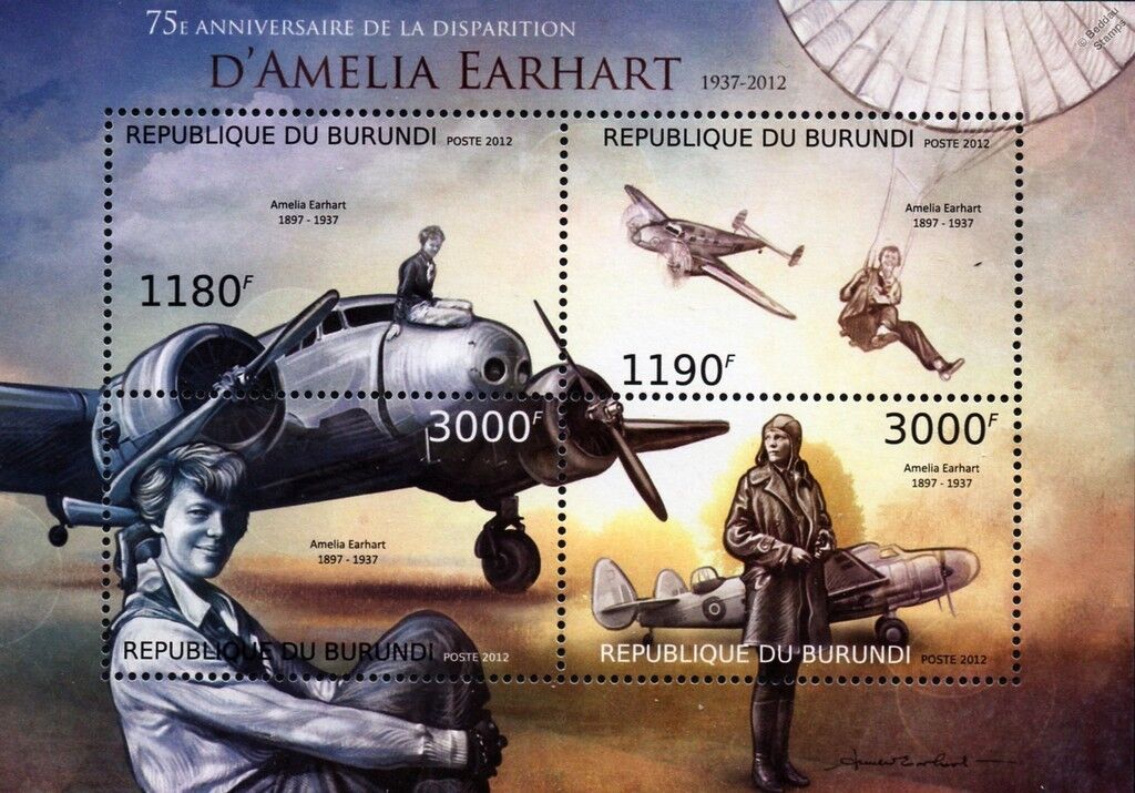 AMELIA EARHART & LOCKHEED ELECTRA Model 10E Aircraft Stamp Sheet (2012 Burundi)