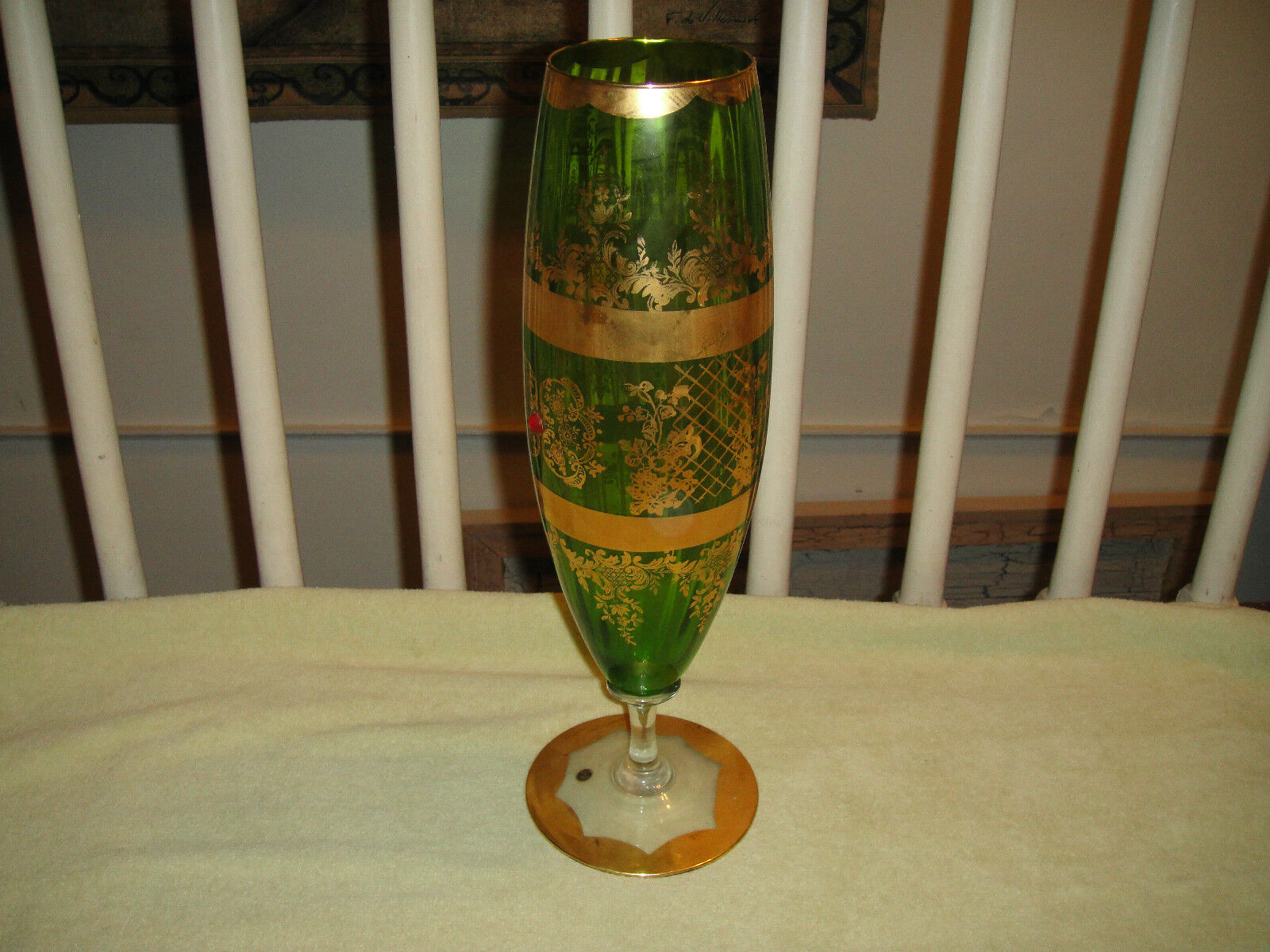 Vintage Bohemian Venetian Green Glass Vase W/Gold Etchings-Footed Stem-Tall
