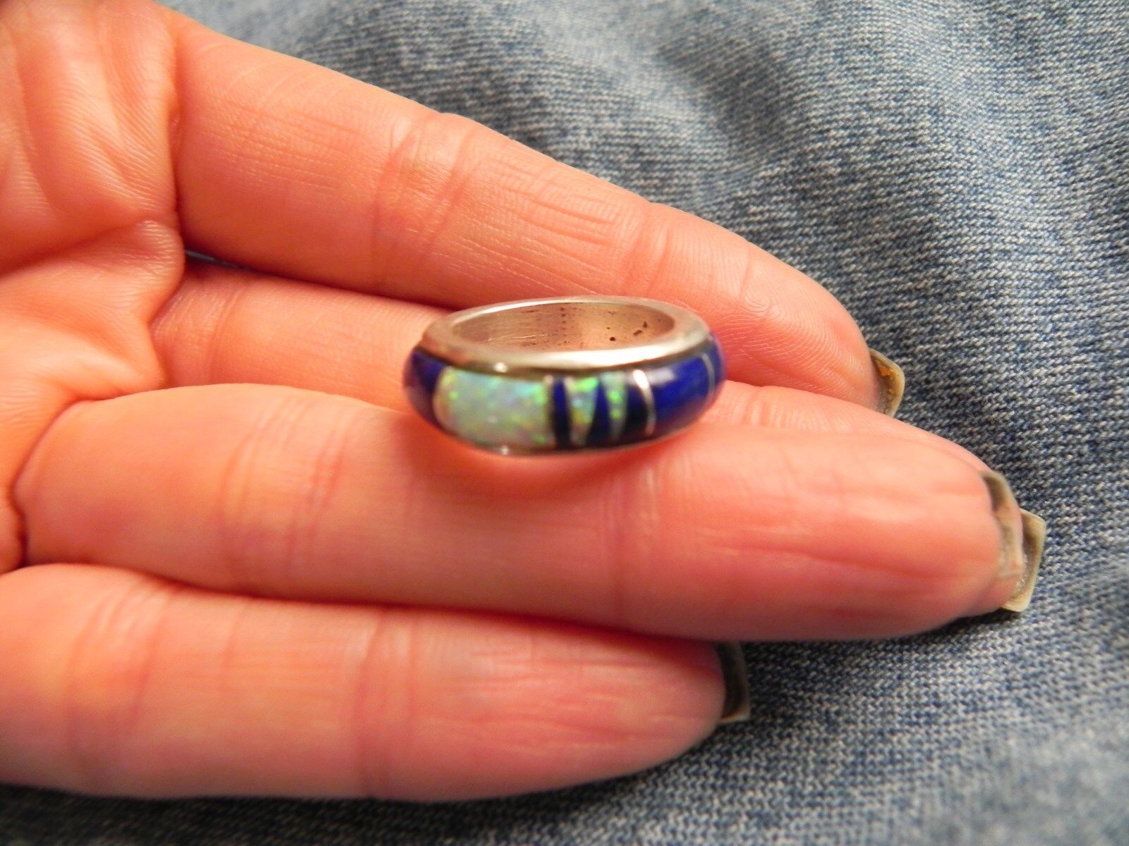Blue Lapis & Fire Opal inlay Sterling Silver Ring/Circular PENDANT Navajo