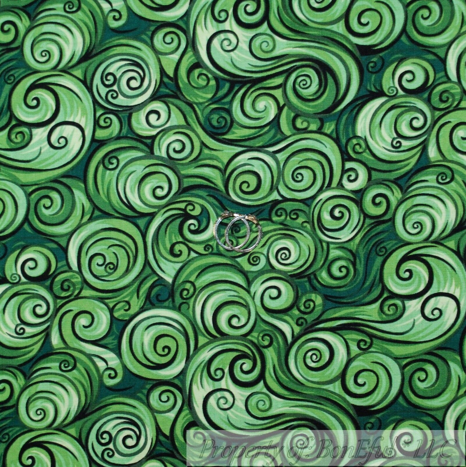 BonEful FABRIC Cotton Quilt Green Black Swirl Scroll St Patricks Day SALE SCRAP