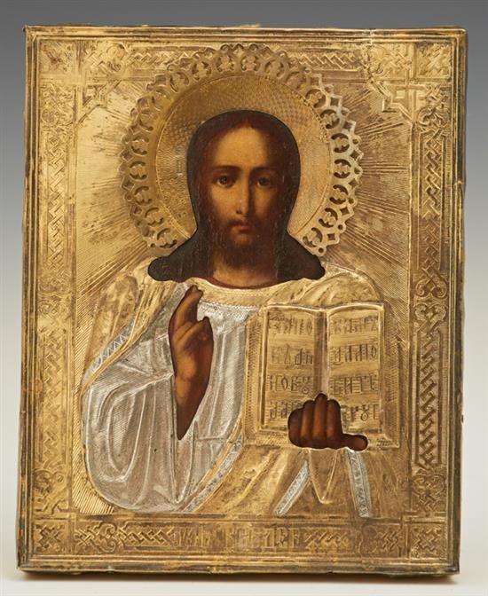 Russian Icon of Christ Pantocrator, 1885, Moscow, with a gilt silver ... Lot 267