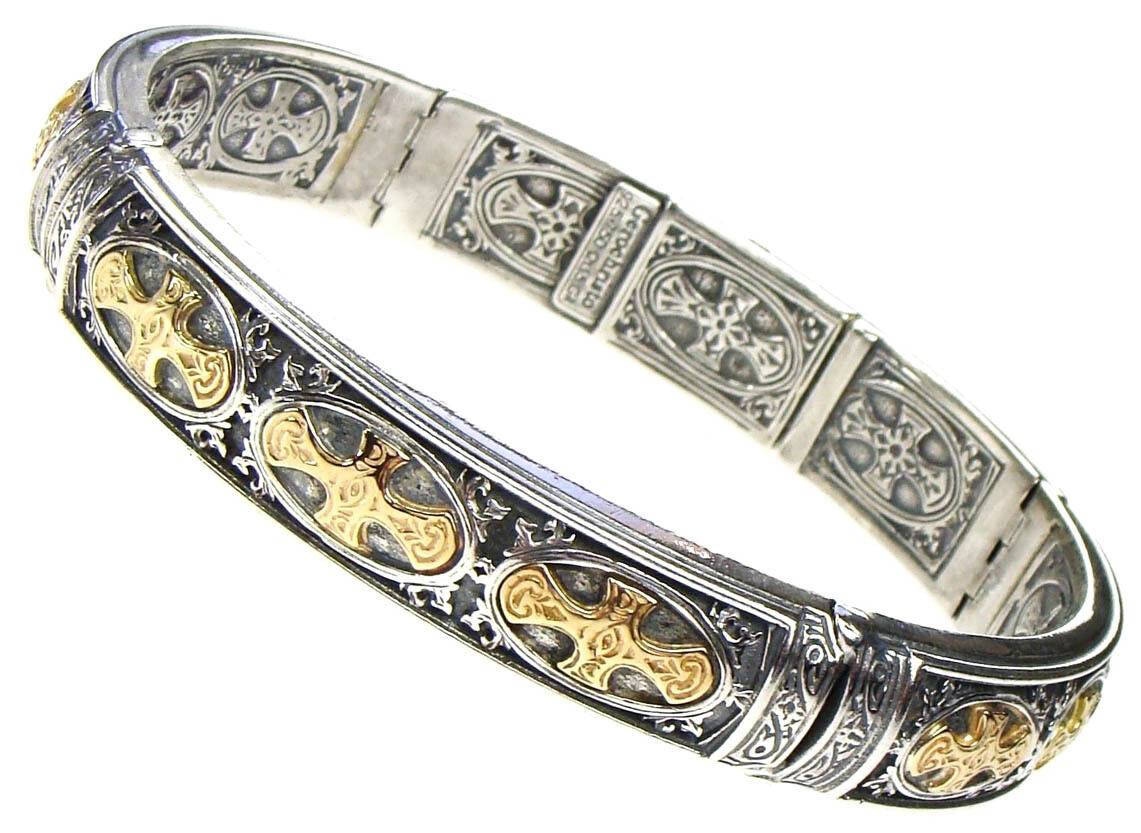 Gerochristo 6287 ~ Solid 18K Gold & Sterling Silver Medieval Cross Cuff Bracelet