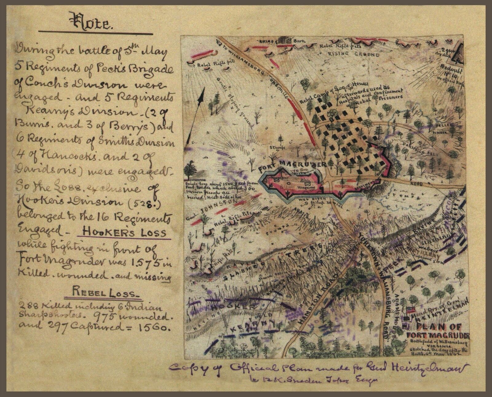 1862 Map, Civil War, Williamsburg, Virginia, Sketch Drawn Map, antique, 20\
