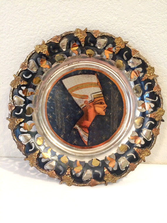 Vintage Egyptian style metal decorative plate , brass painted plate, Mediterrane