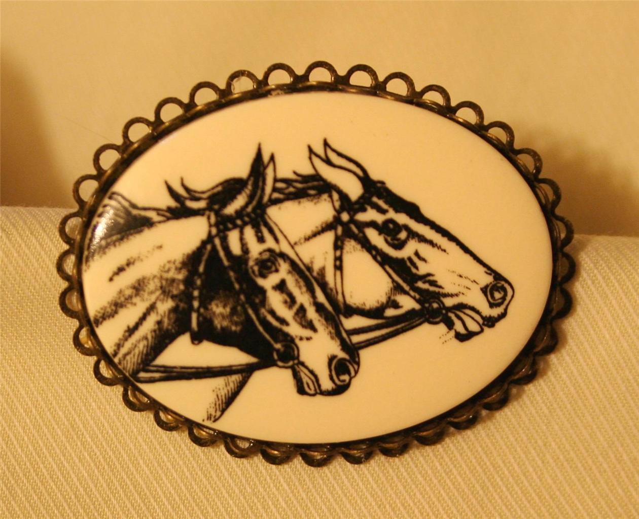 Handsome Brasstone Picot Rimmed Etched Cream & Black Pair of Horses Brooch Pin