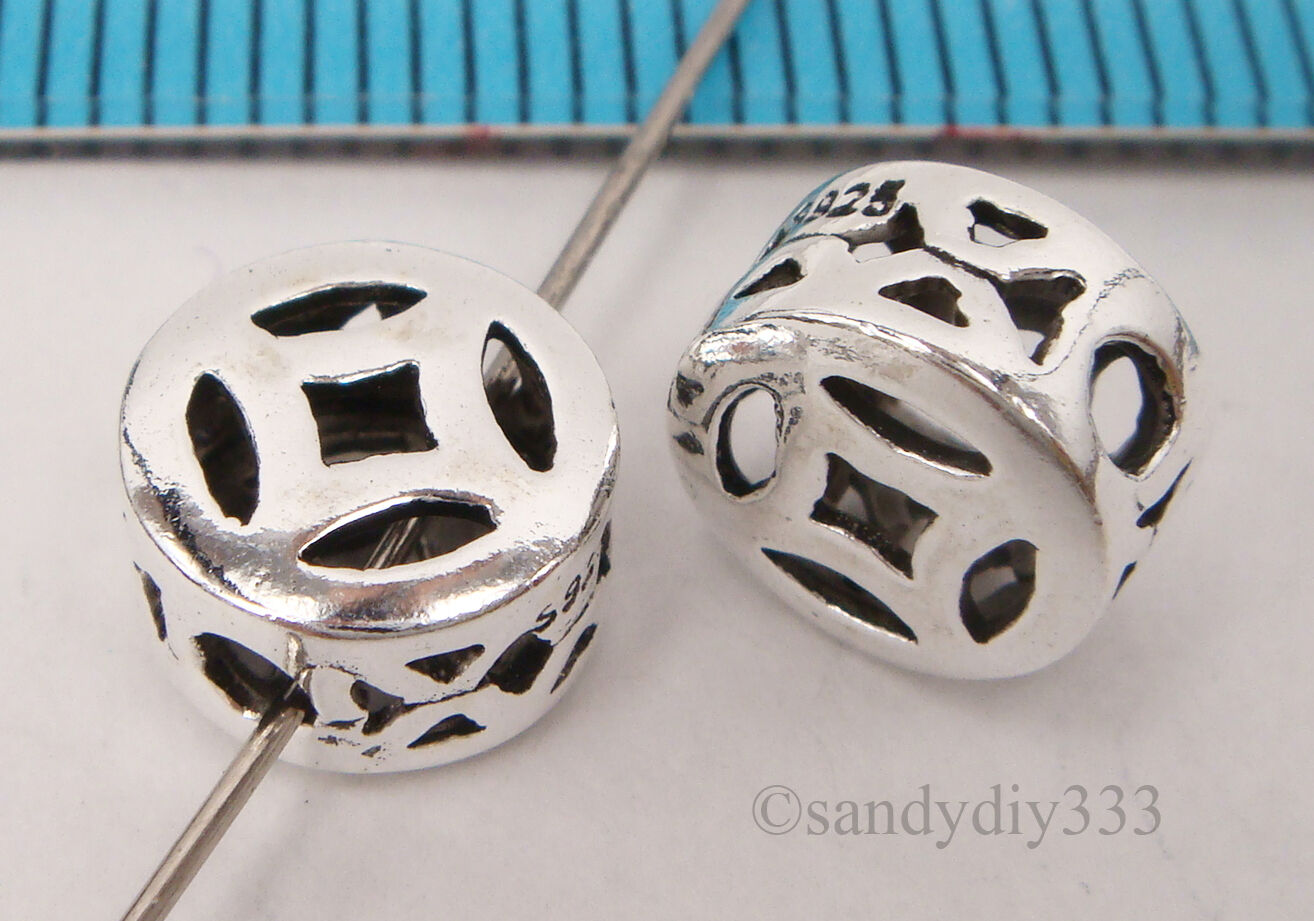 2x STERLING SILVER CHINESE STYLE ROUND COIN SPACER BEAD 8mm #2101