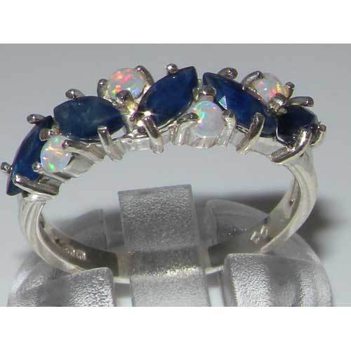 Unusual Solid 925 Sterling Silver Natural Fiery Opal & Sapphire Eternity Ring