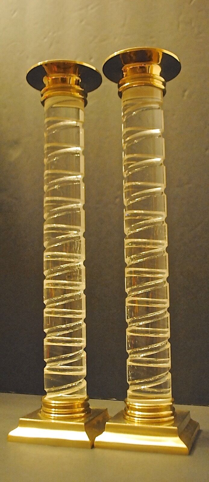Pair Vintage style Lucite Brass Candlestick Holders Art Deco Style