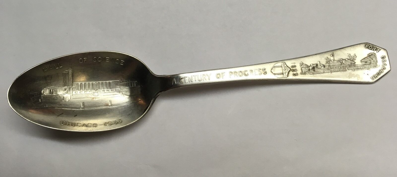 1933 Century of Progress Hall of Science Chicago Fort Dearborn Silverplate Spoon