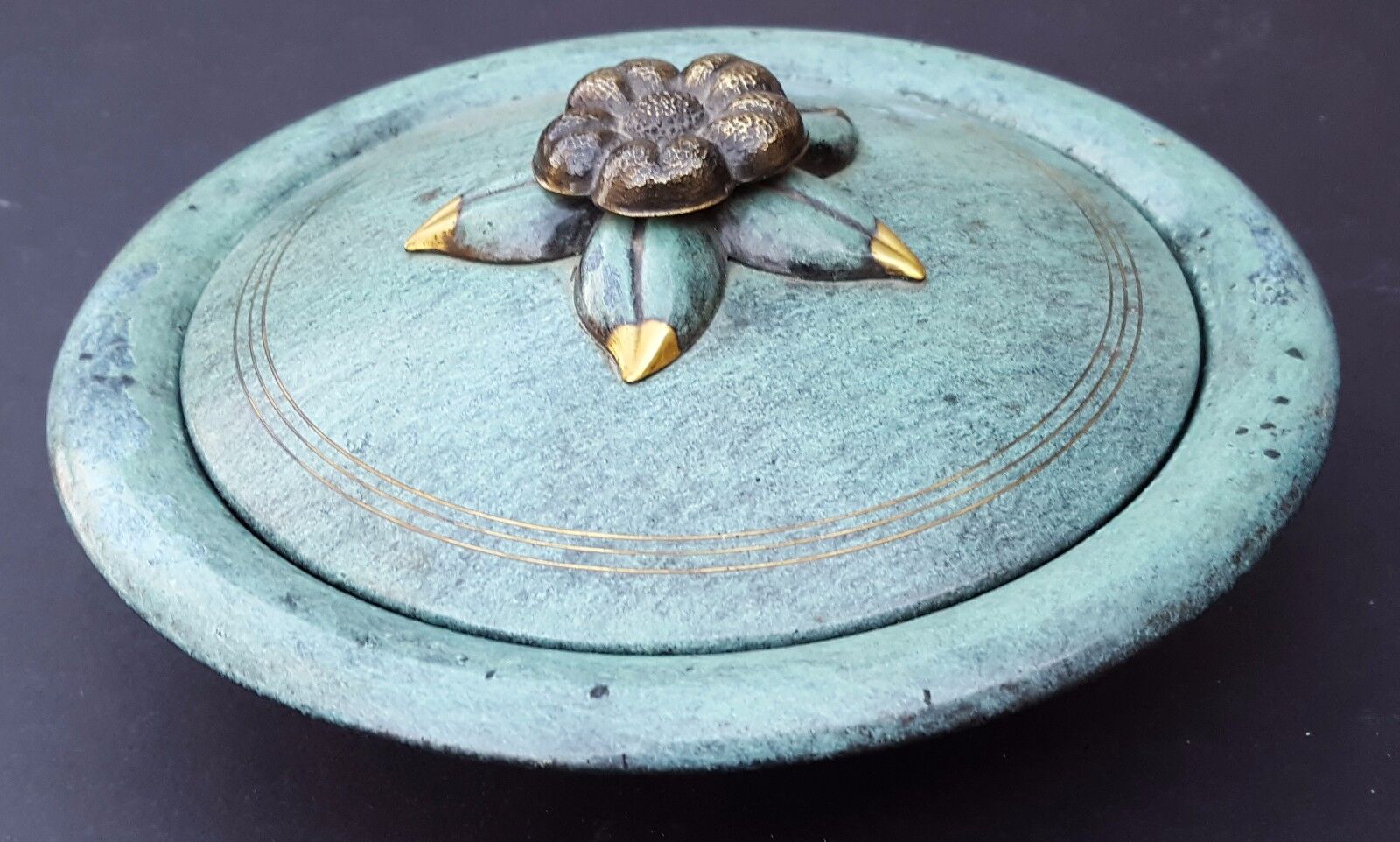 2PC PAL BELL Israel Dish Plate Bowl Lid Gold Flower w Dark Green Jewish Vintage