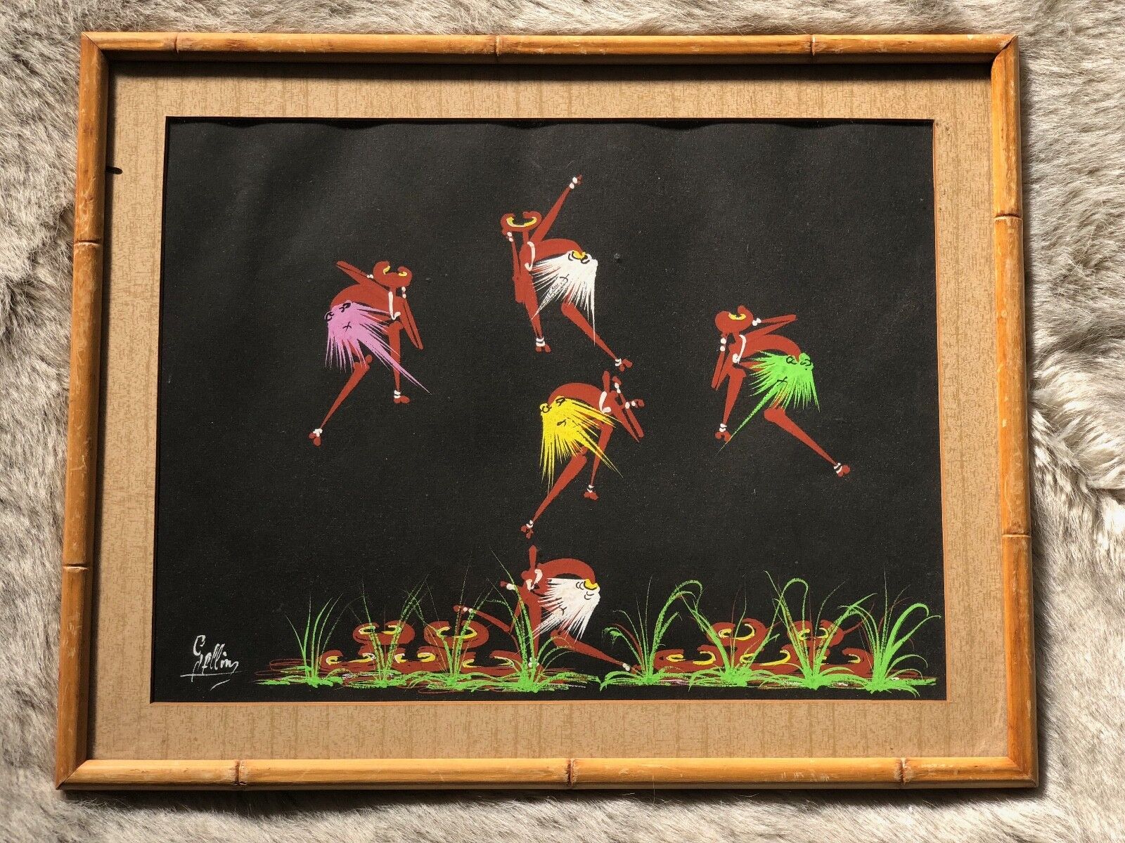 Vtg 50s 60s African Tribal Native Aboriginal Gouache Painting Wall Hanging MCM