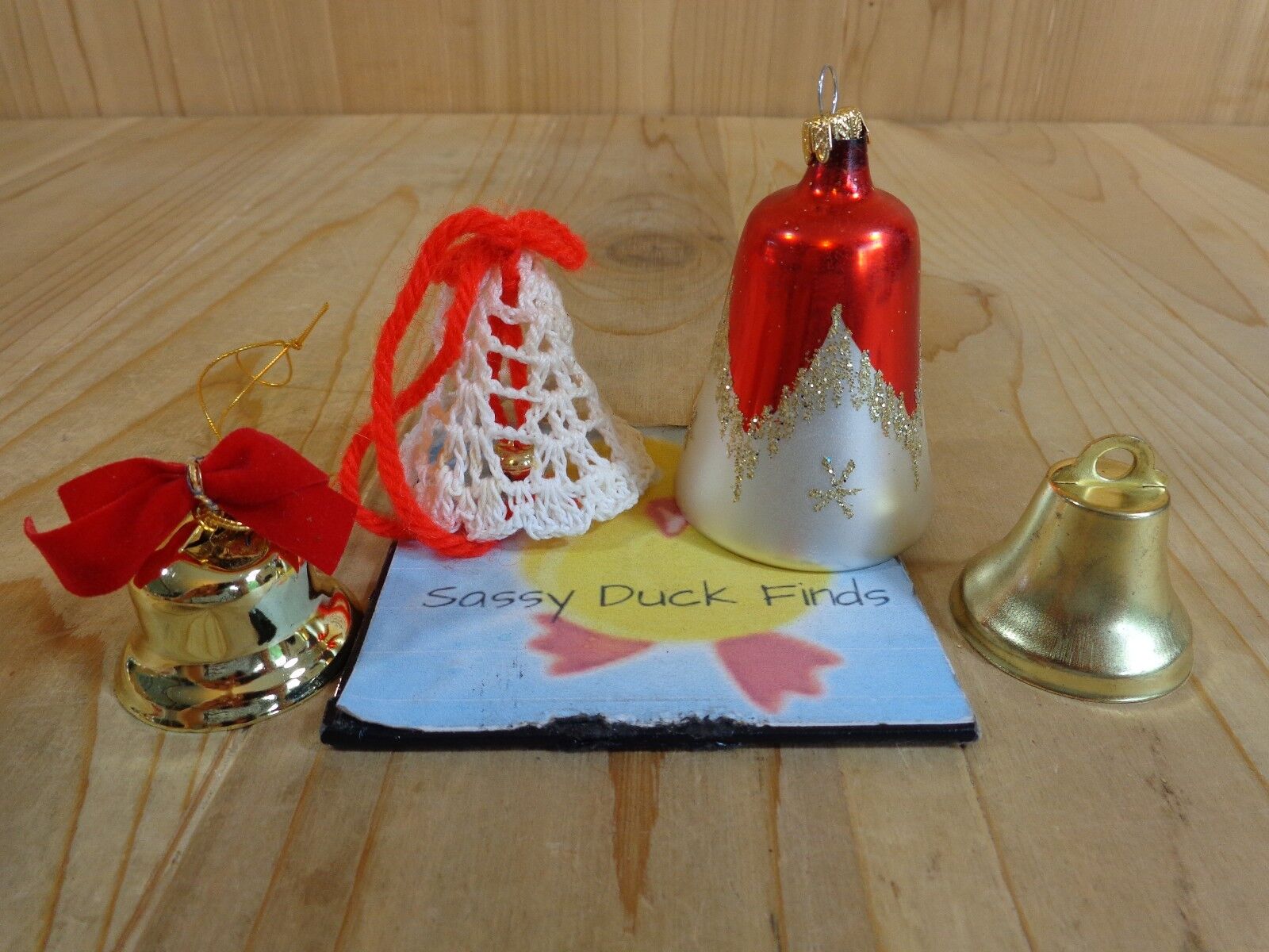 Bells Christmas Ornaments Lot of 4 Red White Gold Glass Brass Crochet 