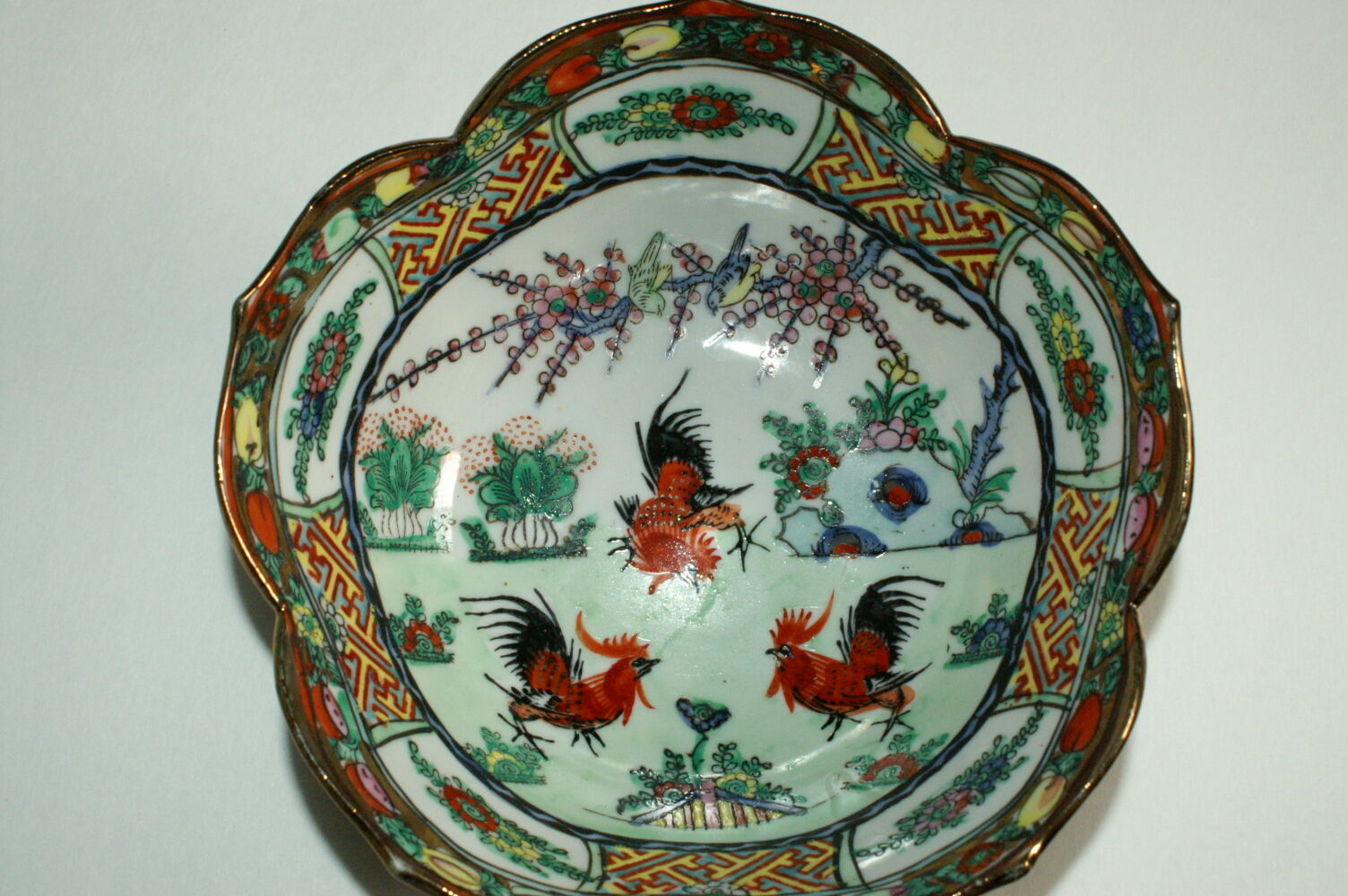 Vintage Chinese Porcelain Bowl Famille Floral w/ Roosters & Birds