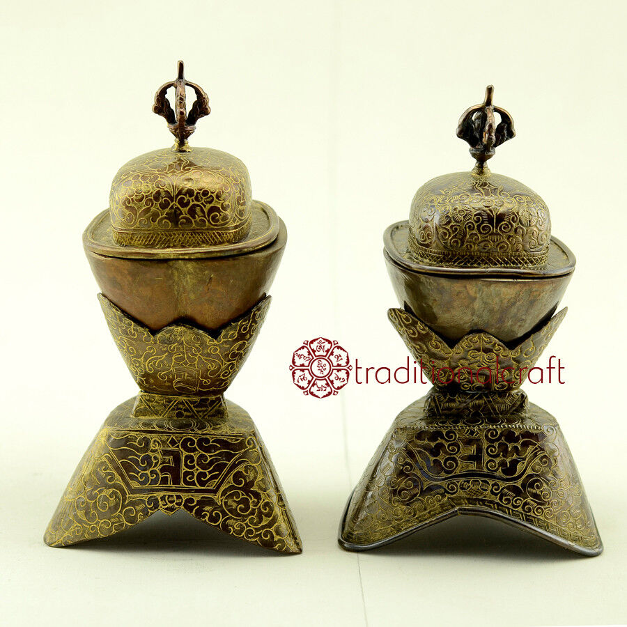 7.25” Tibetan Buddhist Copper Oxidized Kapala Set Gild With 24 K Gold