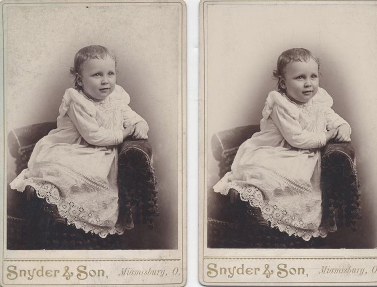 1893 CABINET CARD OF BABY BOY IN LACE DRESS SMILING SET OF TWO - MIAMISBURG, OH