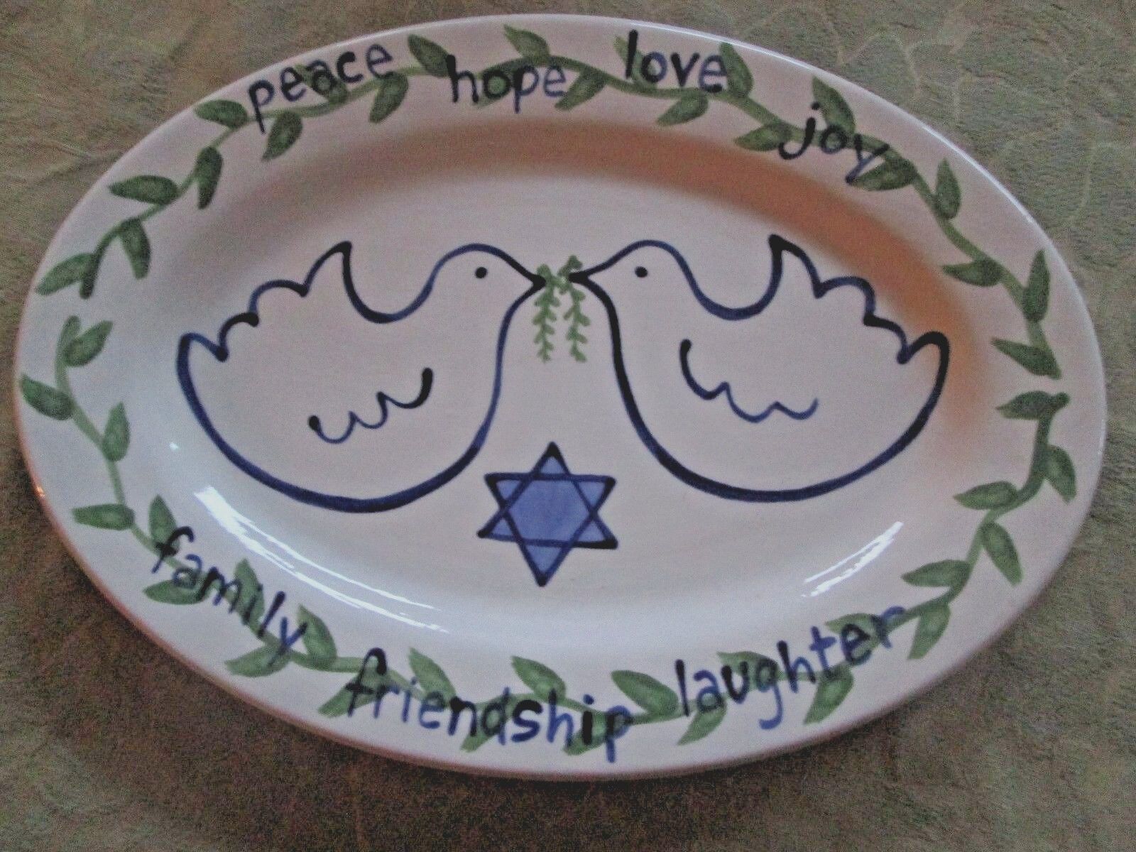 Lorrie Veasey Our Name is Mud 12.5 x 9 Oval Platter Hanukkah Peace Doves Shalom