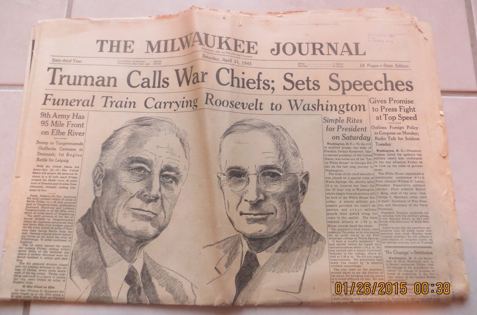 4/14/1945 - MILWAUKEE NEWS - FDR\'S FUNERAL RITES / TRUMAN ASSUMES PRESIDENCY 