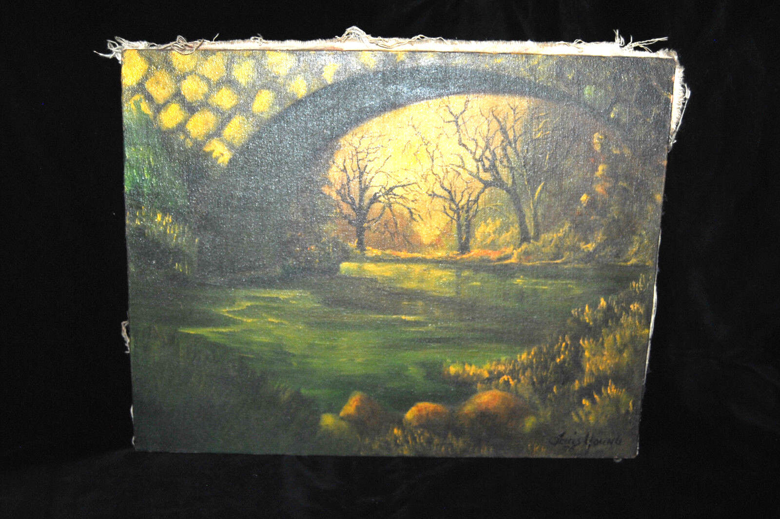 VINTAGE NICE PAINTING Oil on FABRIC SIGNED \