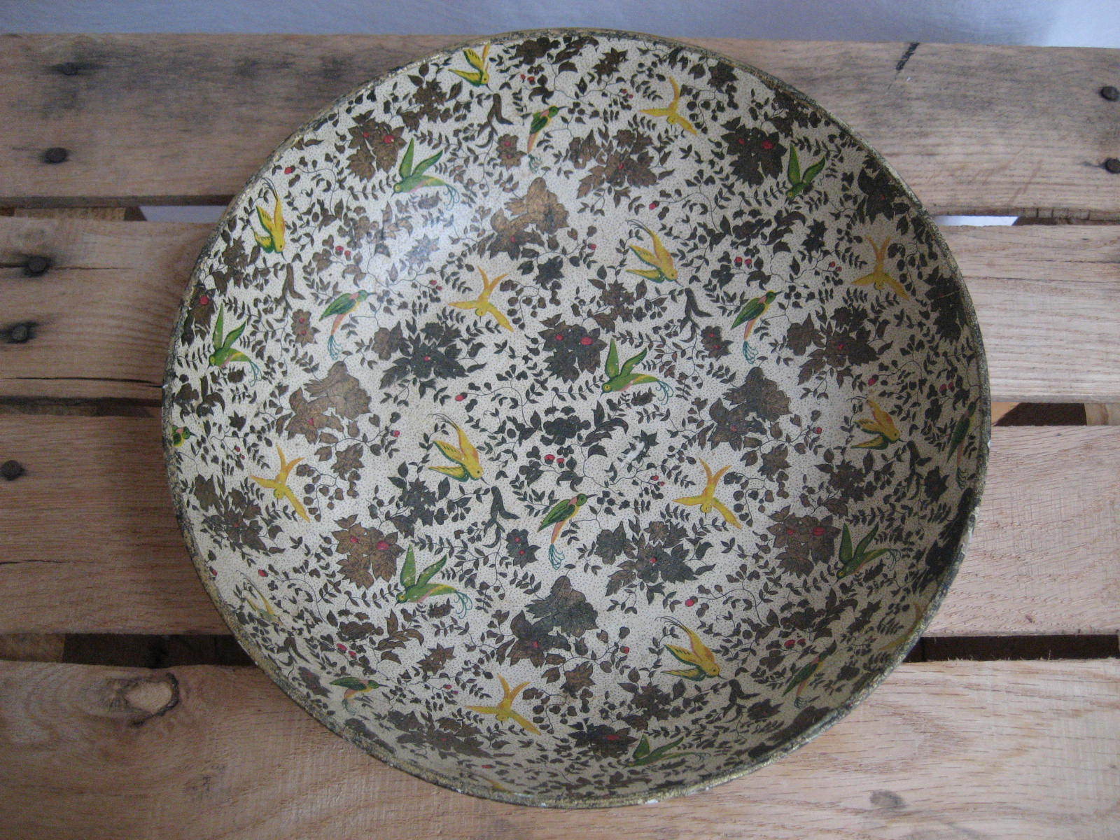 Vintage Paper Mache Bowl Lacquerware Alcohol Proof Japan Flowers/Birds
