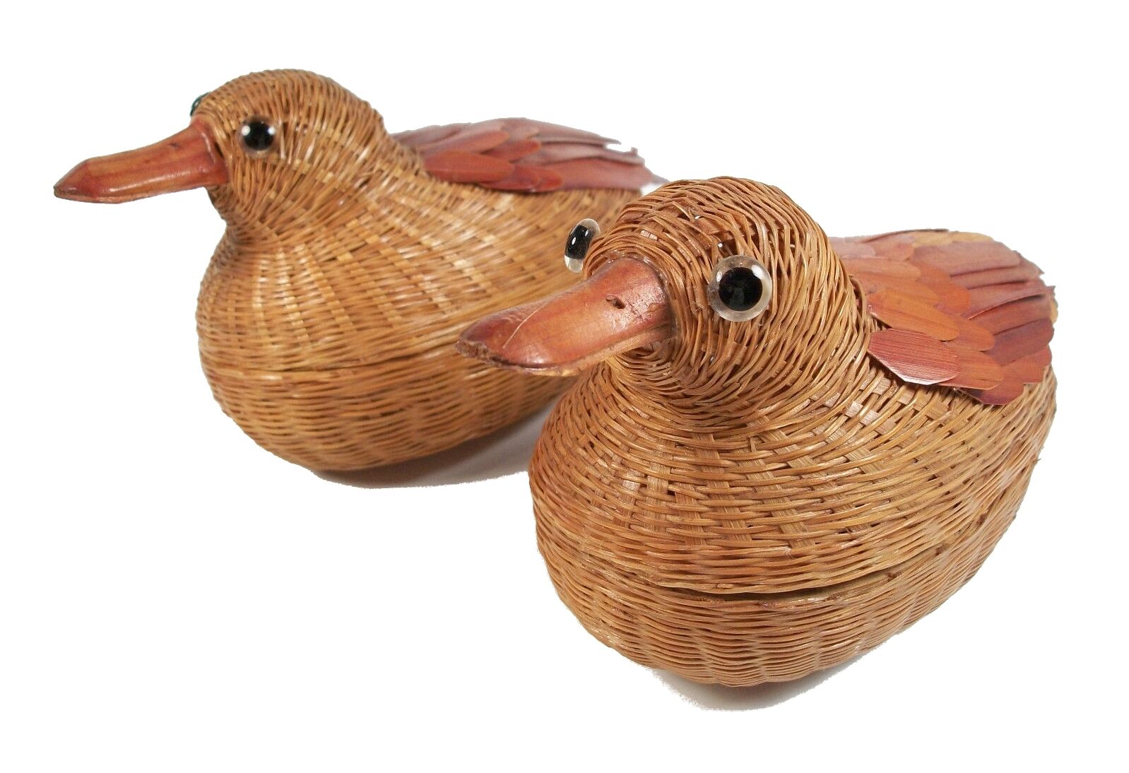 Pair of Vintage Bird Form Lidded Baskets - Finely Woven - Mid/Late 20th Century