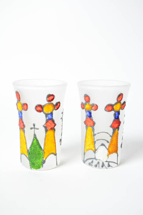 2 Beautiful Shot Glasses Frosted Glass Gaudinian 2.5 Inch - Appear Hand Painted 