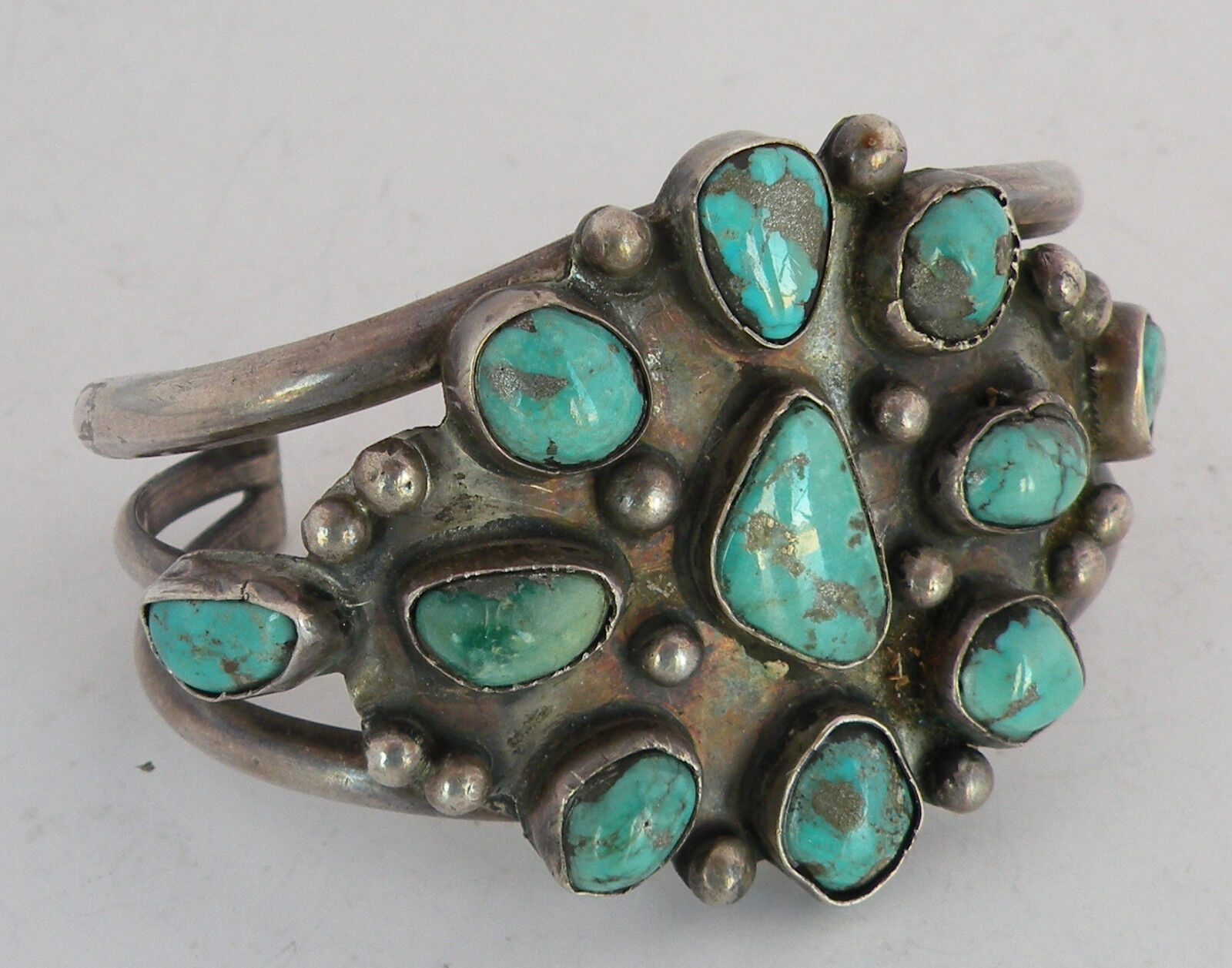 Old Native American, Navajo Sterling Silver Bracelet cluster Turquoise big heavy