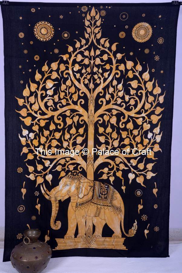 Tree Of Life Elephant Cotton Twin Size Tapestry Ethnic Indian Wall Hanging Decor