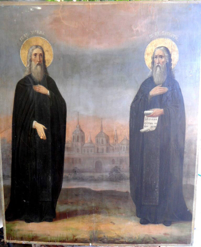 19C Large Antique Russia Russian Church Saints Zosima and Savvaty Icon 30x24inch