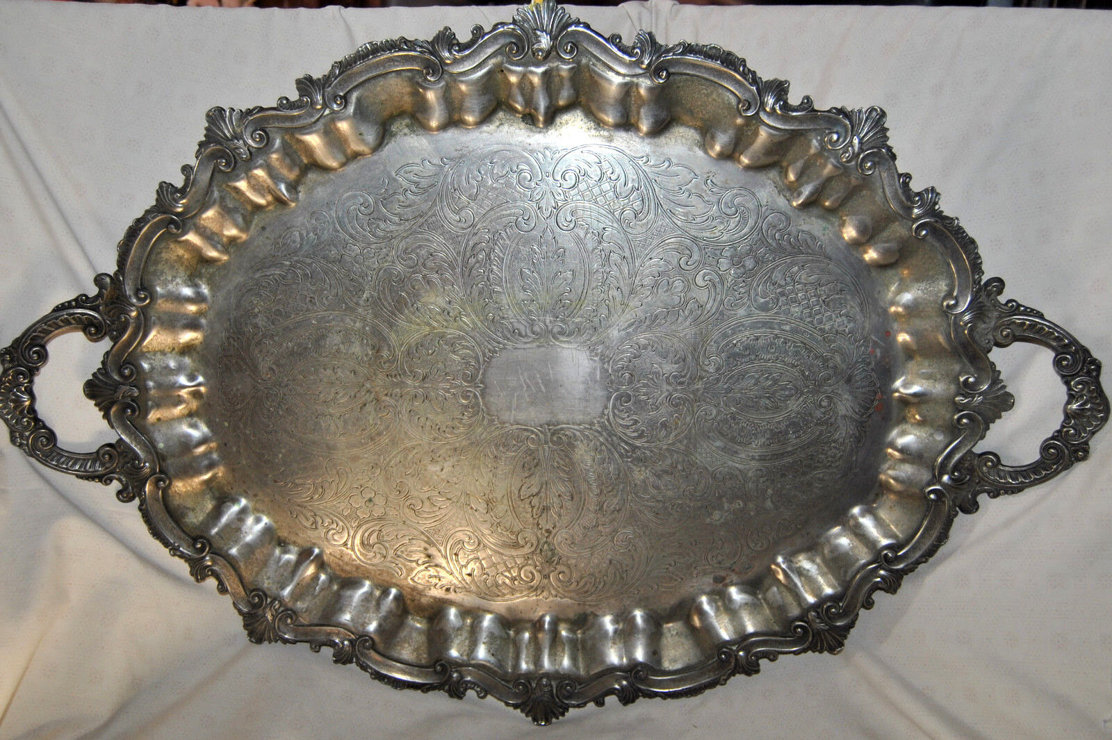 ANTIQUE VICTORIAN ORNATE LARGE SILVERPLATE TRAY Crown Makers Hallmark 19th C