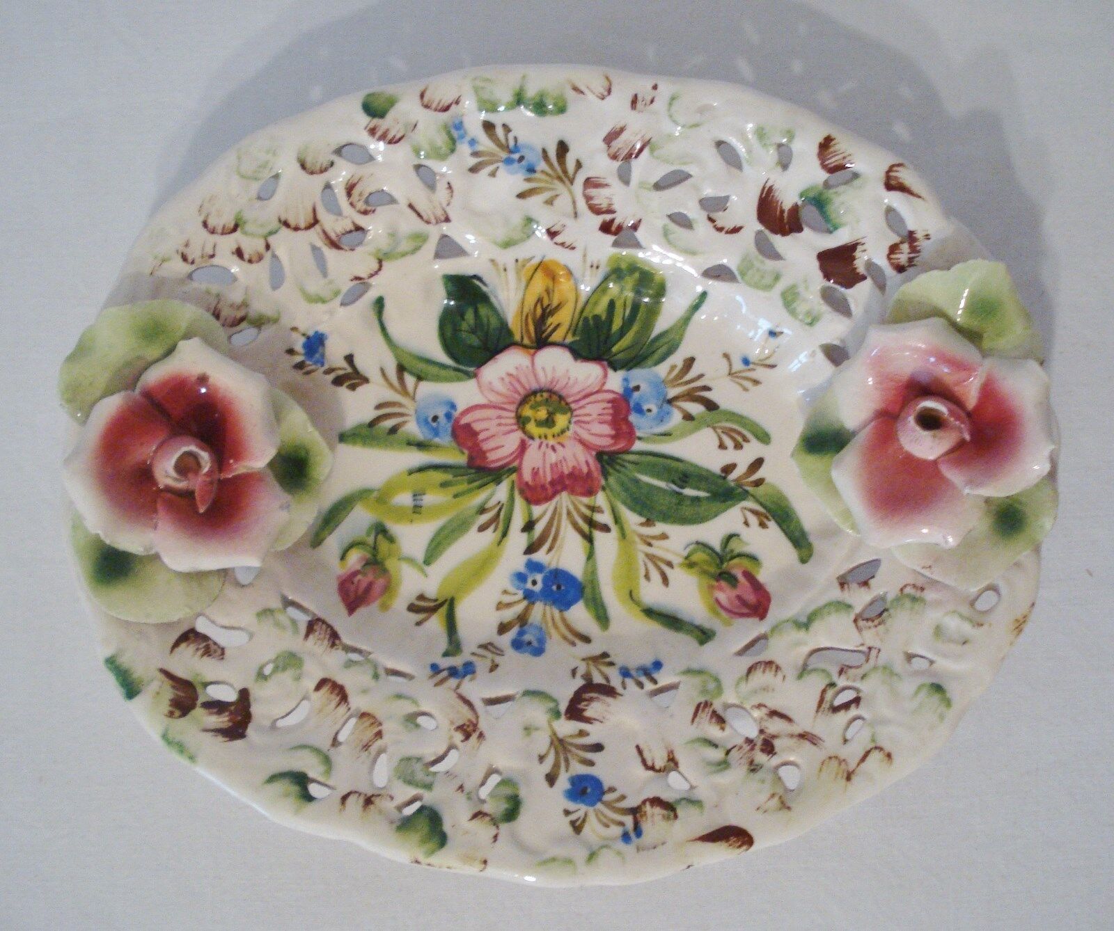 Vintage Italian Art Pottery A. Borsato Pink Roses Blue Flowers 7\