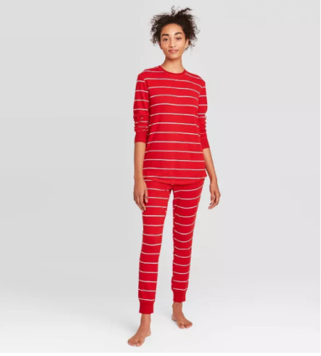 Women\'s Red White Striped Thermal Pajama set - Stars Above