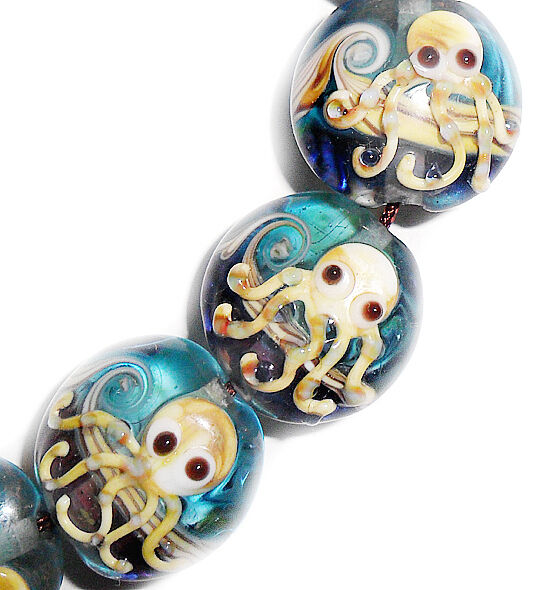 Handmade Lampwork Glass Bead Octopus Blue Color 15mm Lentil Shape 4 Beads #a56s