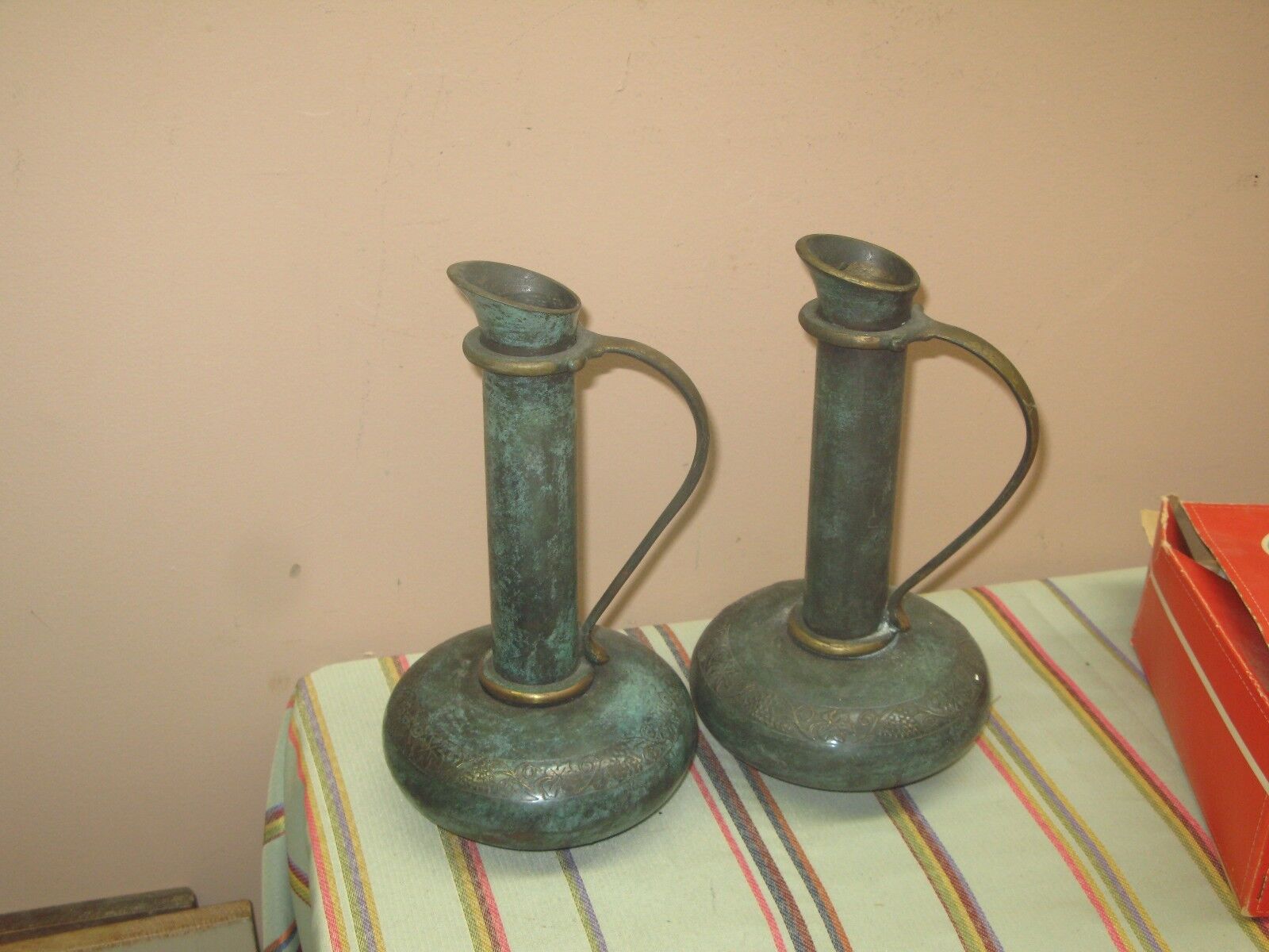 Pair @ 2 Antique 1950\'s Rare Bronze Oil Jug Marked Pal Bell Israel Judaica 9\