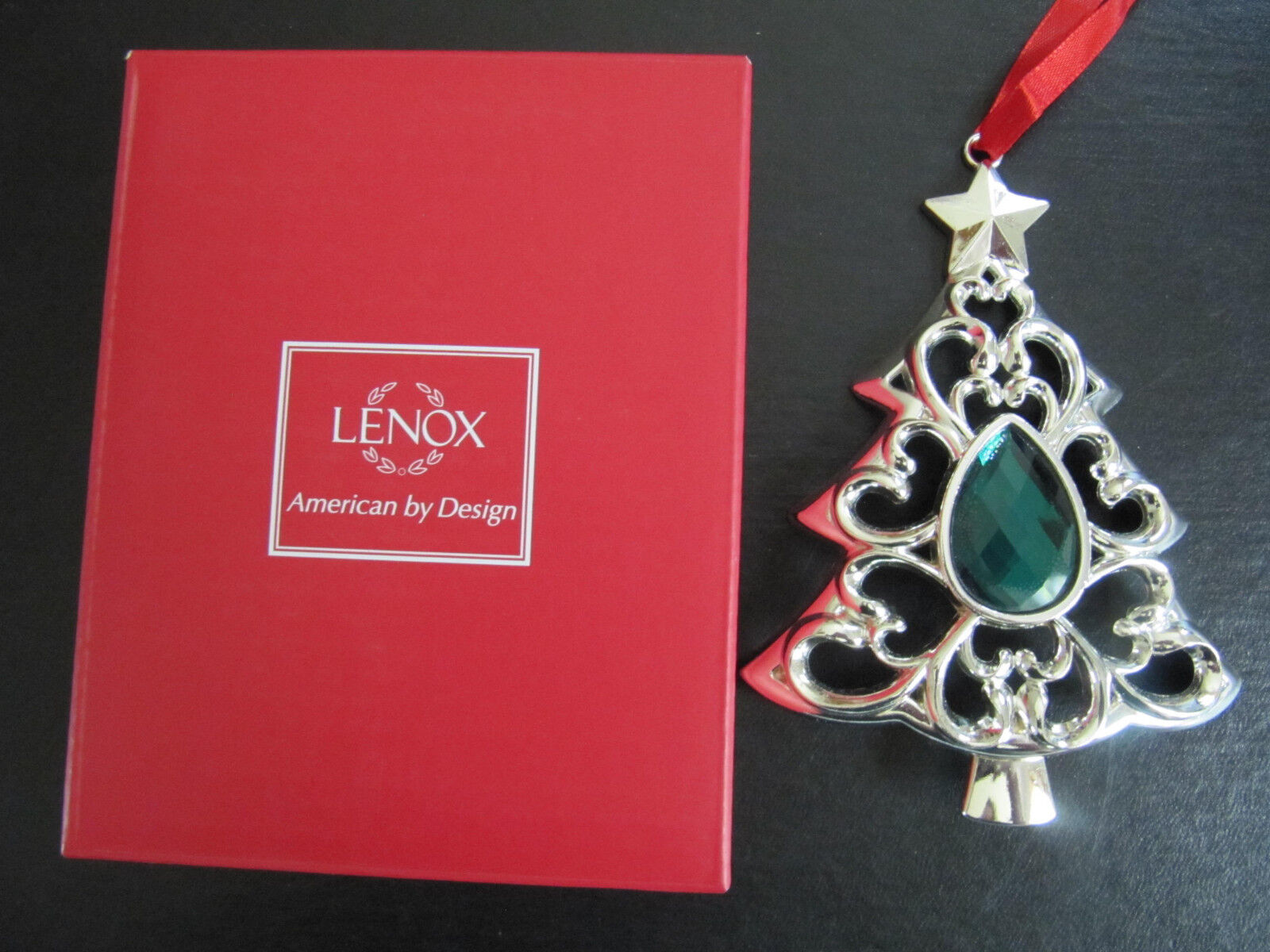 Lenox Bejeweled Emerald Green Christmas Tree Silverplate Ornament Box