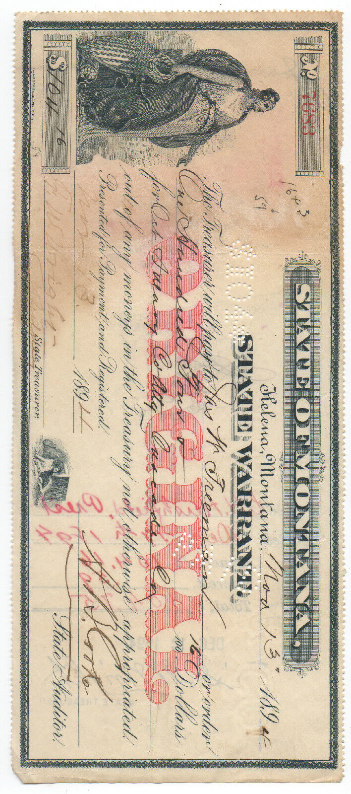 1894 State of Montana Warrant from Helena with nice Vignette of Liberty
