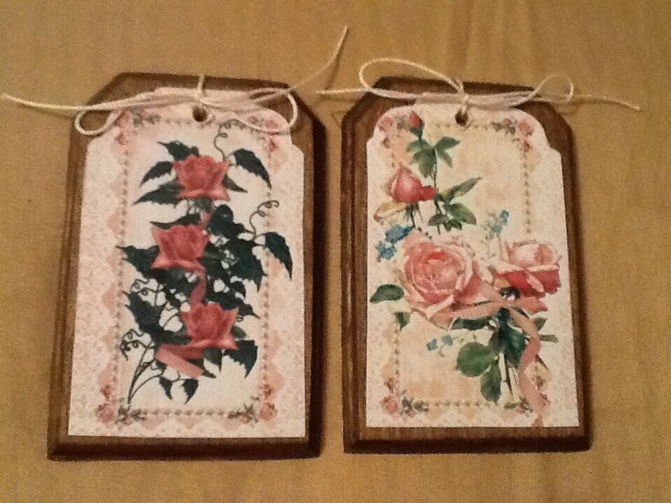 5 WOODEN Vintage Roses Gift Tags /Floral Ornaments-Mother\'s Day,Birthday SET-794