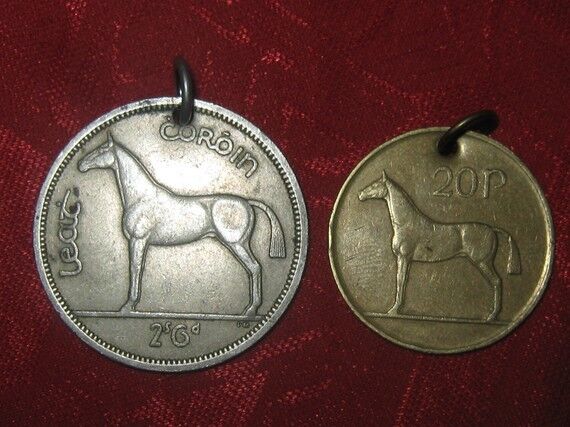  LOT OF 2 VINTAGE ANTIQUE SILVER + GOLD IRISH HORSE/HARP COIN  PENDANT NECKLACE
