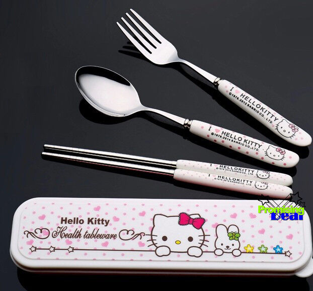 Hello Kitty 3-piece Ceramic Stainless Steel Dinner Set Fork Spoon Chopsticks 