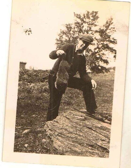 Old Vintage Antique Photograph Man Standing on Rock & Holding Dead Animal