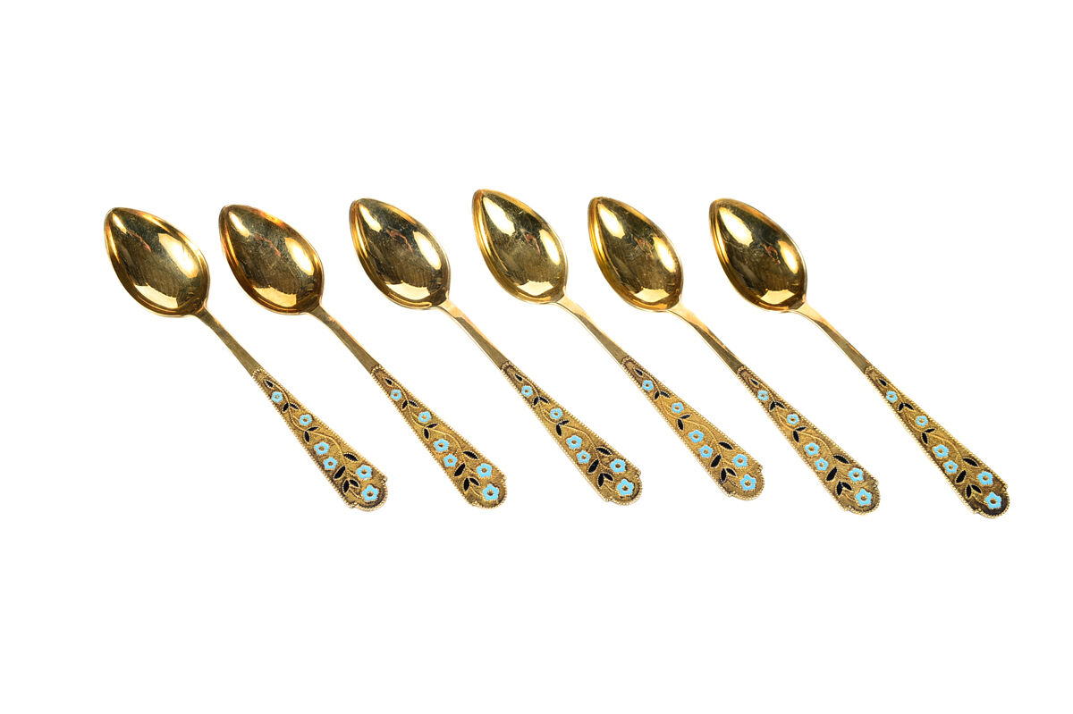 Russian Gilt Silver & Enamel Spoons -set of 6 