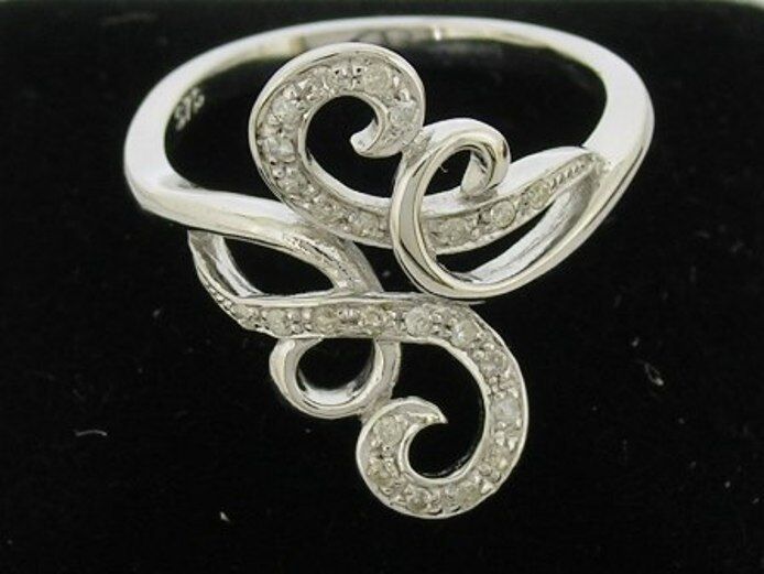R171-> Gorgeous Genuine 9ct SOLID White Gold NATURAL Diamond SWIRL Ring size N
